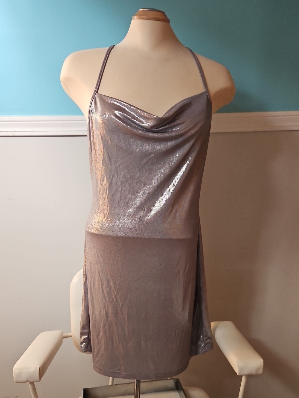 Metallic Cowl Neck Slip Dress in Silver-gray
